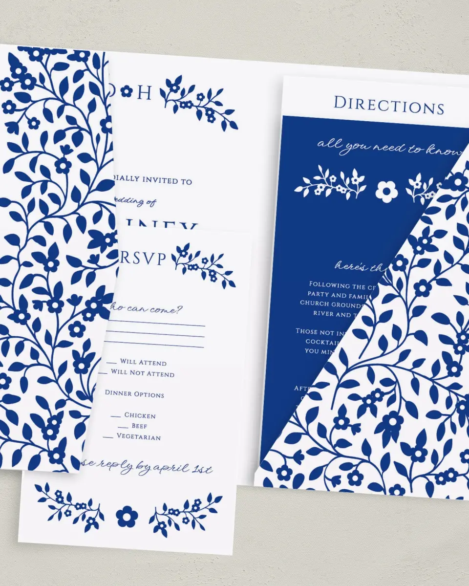This is a 5" x 7⅞" Pocket Wedding Invitation called Secret Garden printed in full color with Gold foil on Luxe Satin (coated) paper