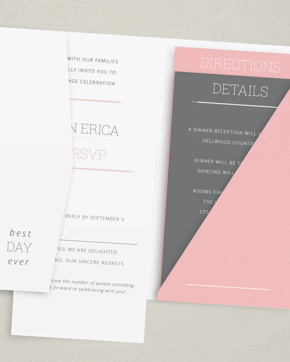 This is a 5" x 7⅞" Pocket Wedding Invitation called Sweetly Charmed printed in full color with Gold foil on Luxe Satin (coated) paper