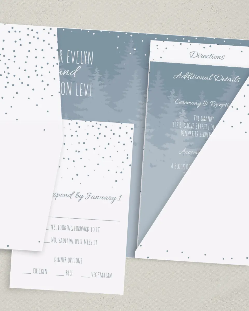This is a 5" x 7⅞" Pocket Wedding Invitation called Woodland Wishes printed in full color with Gold foil on Luxe Satin (coated) paper