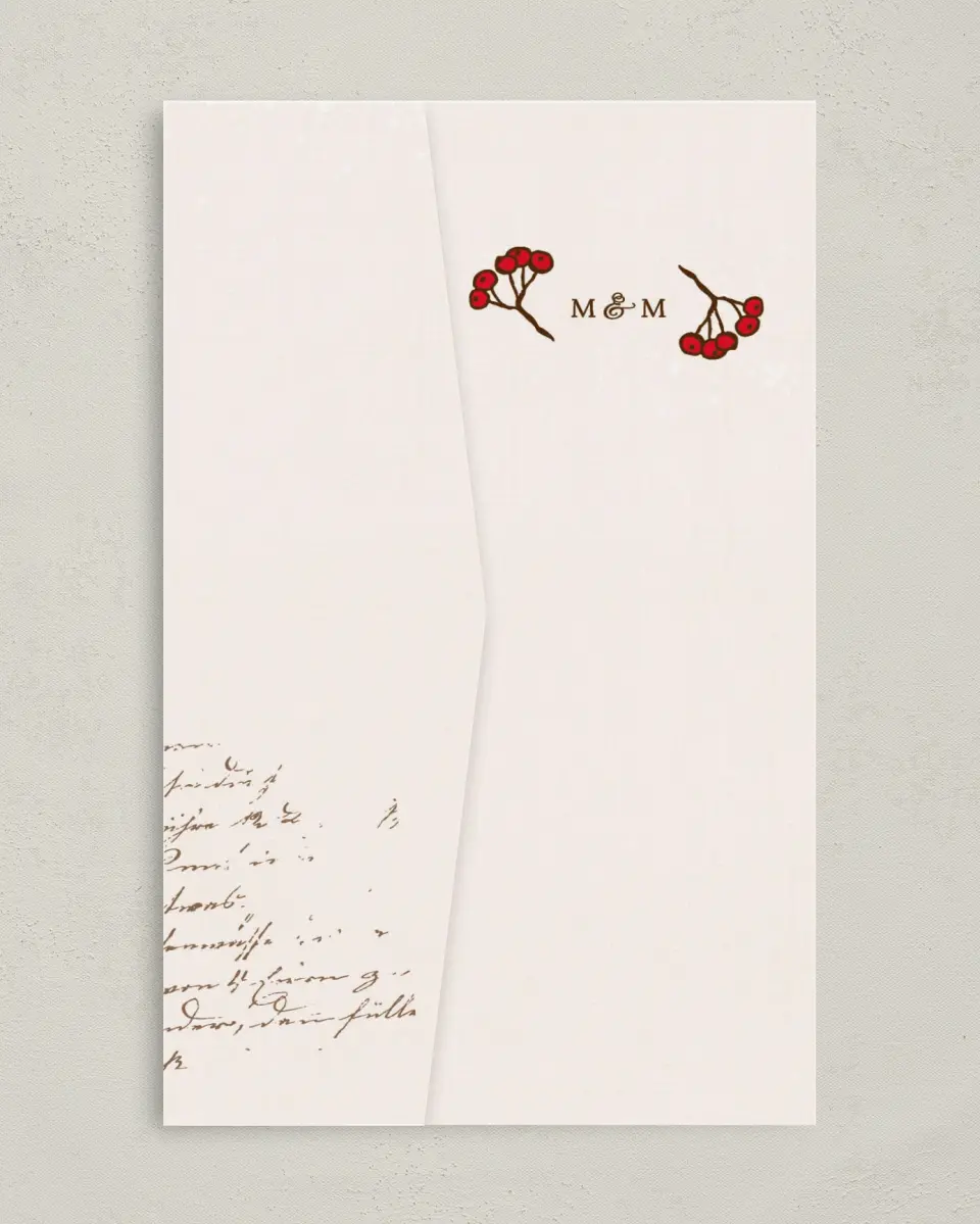 This is a 5" x 7⅞" Pocket Wedding Invitation called Winter Berries printed in full color on Premium Smooth paper