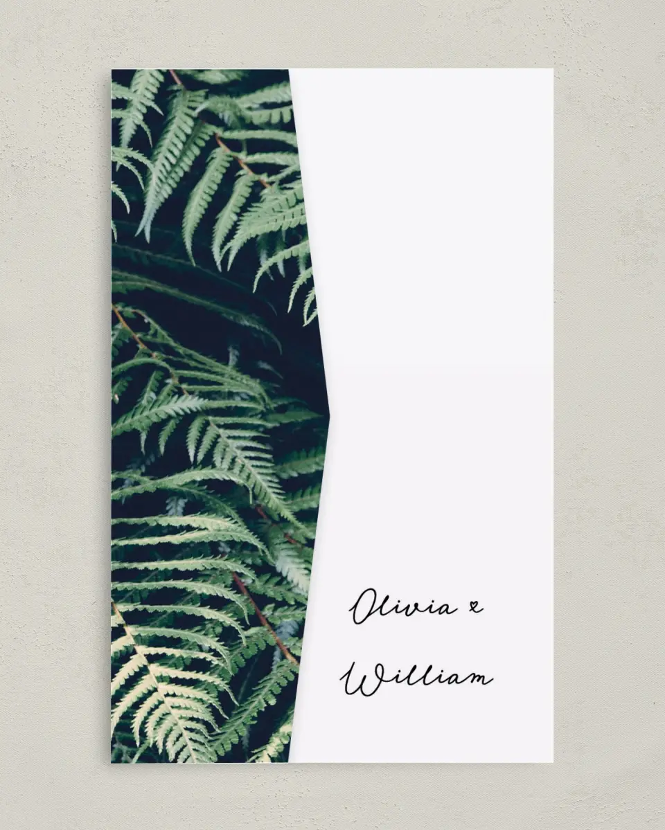 This is a 5" x 7⅞" Pocket Wedding Invitation called Enchanted Day printed in full color on Premium Smooth paper
