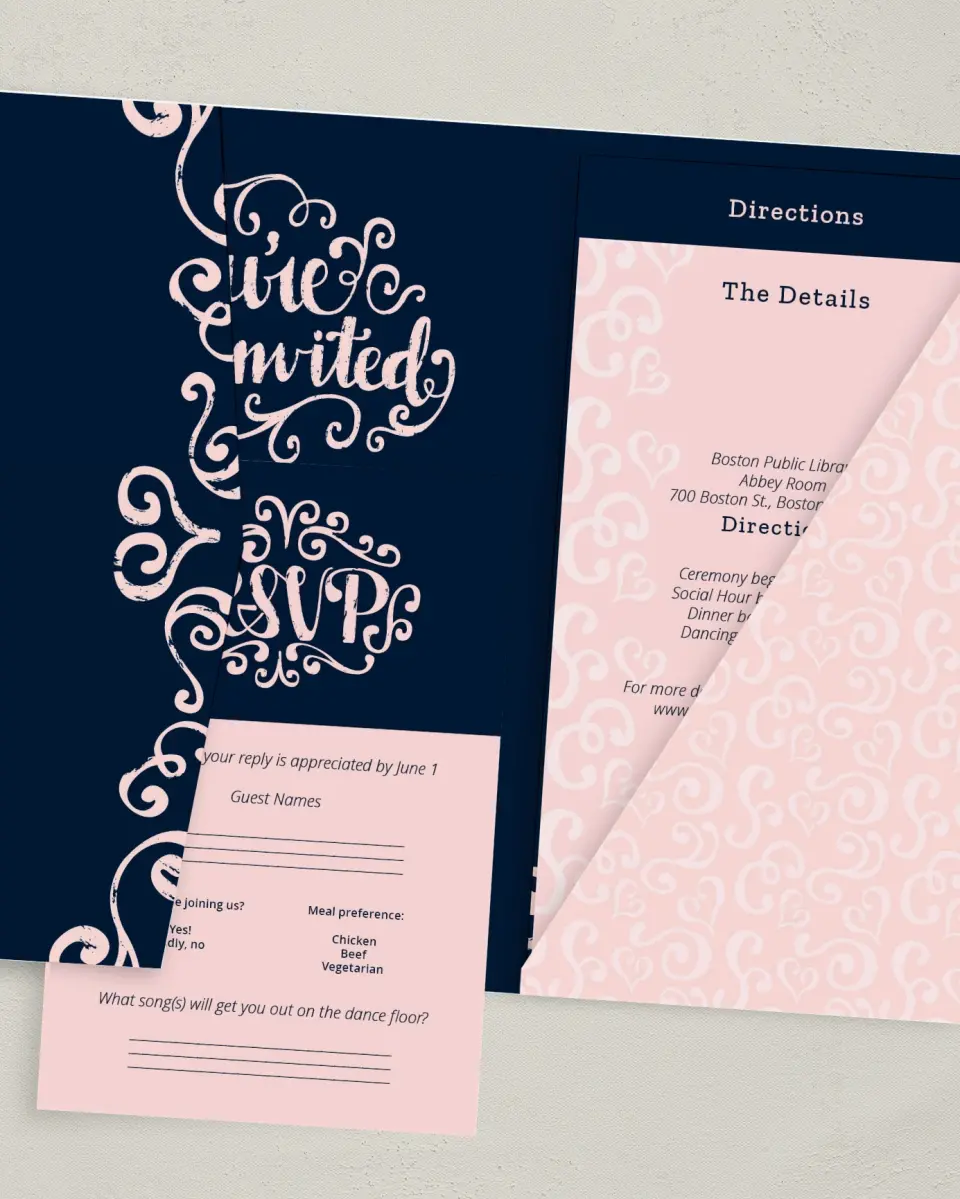 This is a 5" x 7⅞" Pocket Wedding Invitation called Love Letters printed in full color with Gold foil on Luxe Satin (coated) paper