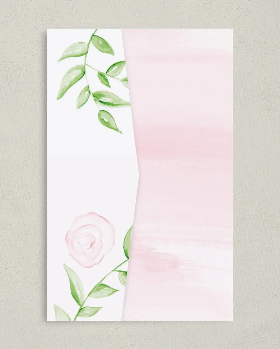 This is a 5" x 7⅞" Pocket Wedding Invitation called Painterly Bouquet printed in full color on Premium Smooth paper
