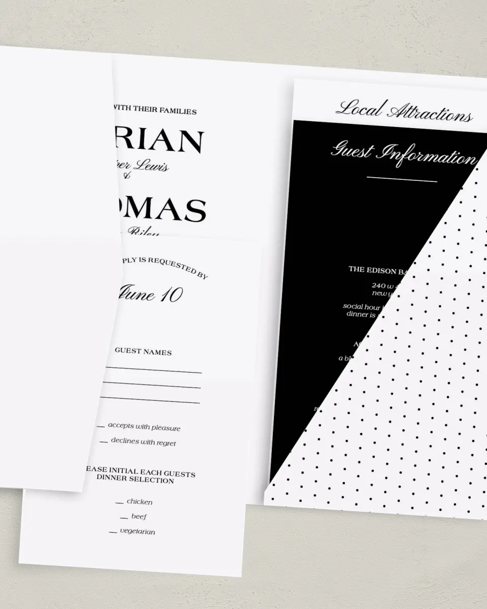 This is a 5" x 7⅞" Pocket Wedding Invitation called Formal Statement printed in full color with Gold foil on Luxe Satin (coated) paper