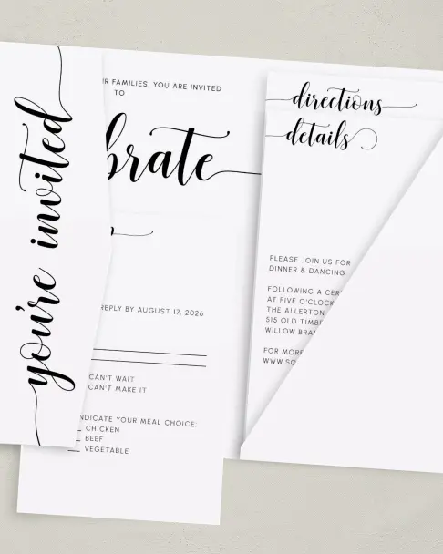 This is a 5" x 7⅞" Pocket Wedding Invitation called True Celebration printed in full color on Premium Smooth paper