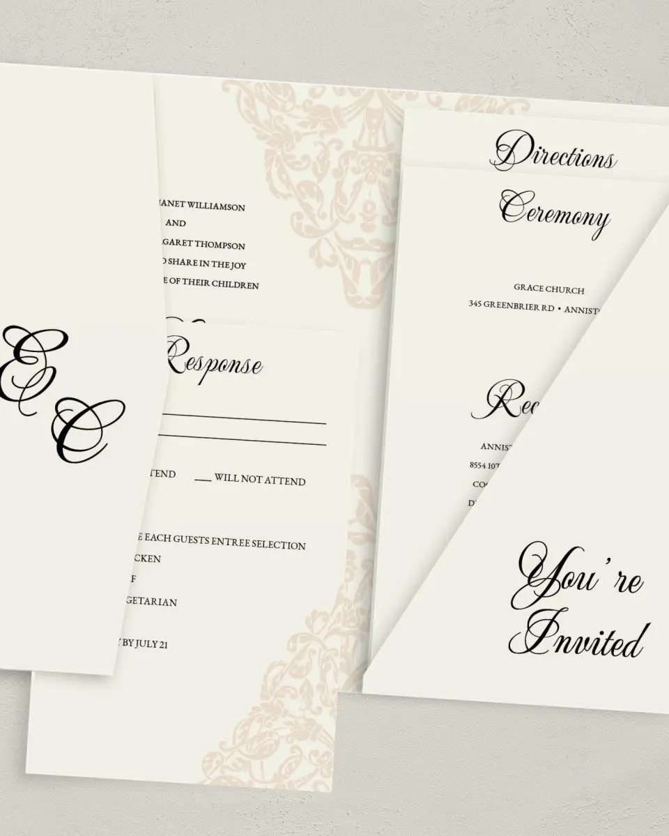 This is a 5" x 7⅞" Pocket Wedding Invitation called Gilded Grace printed in full color with Gold foil on Luxe Satin (coated) paper