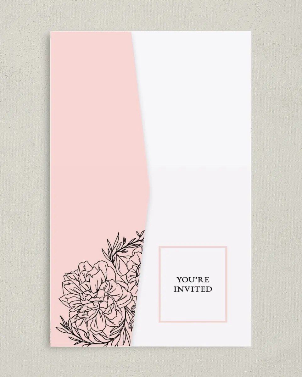 This is a 5" x 7⅞" Pocket Wedding Invitation called Love's Whisper printed in full color on Premium Smooth paper