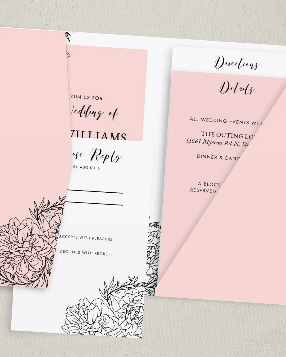 This is a 5" x 7⅞" Pocket Wedding Invitation called Love's Whisper printed in full color with Gold foil on Luxe Satin (coated) paper