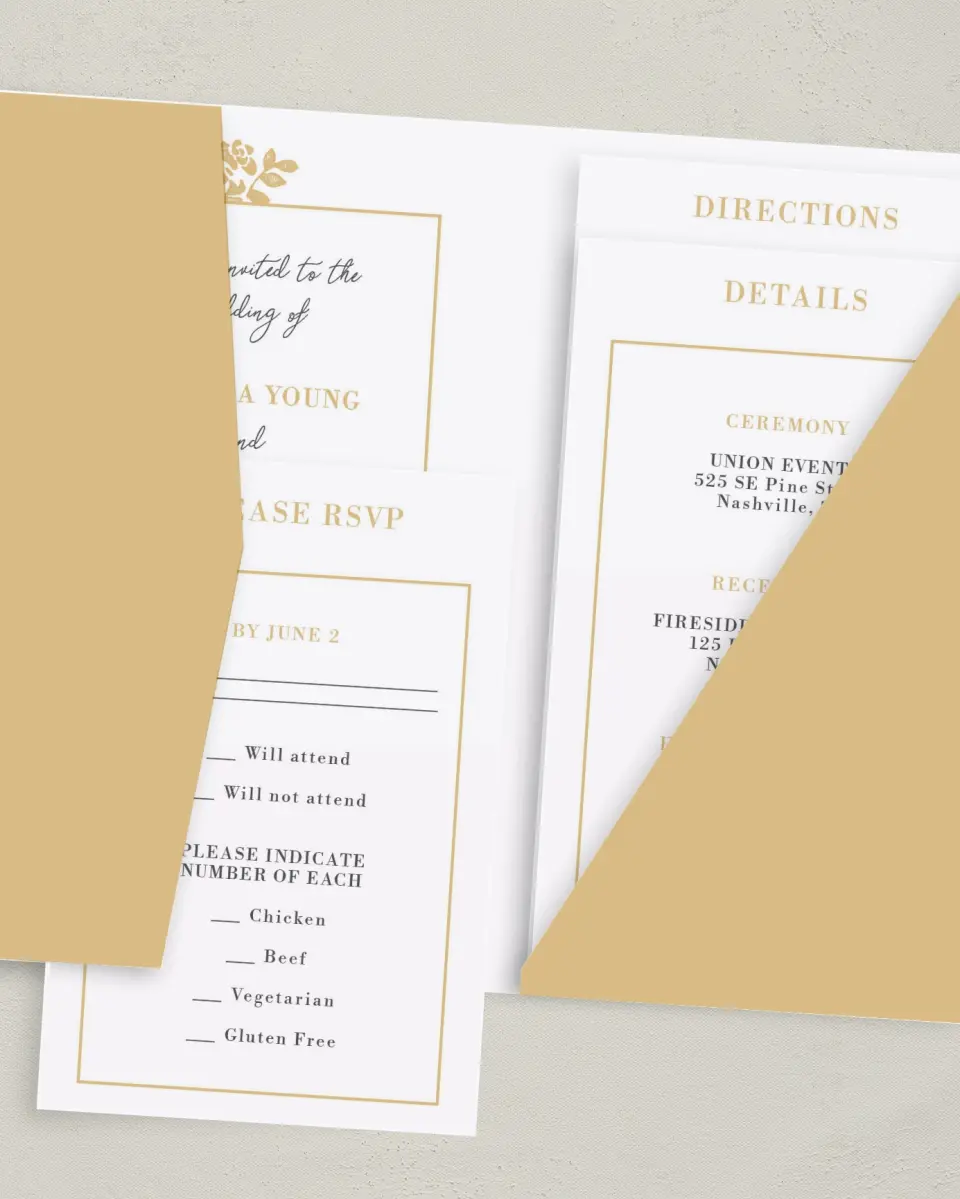 This is a 5" x 7⅞" Pocket Wedding Invitation called Etched Elegance printed in full color with Gold foil on Luxe Satin (coated) paper