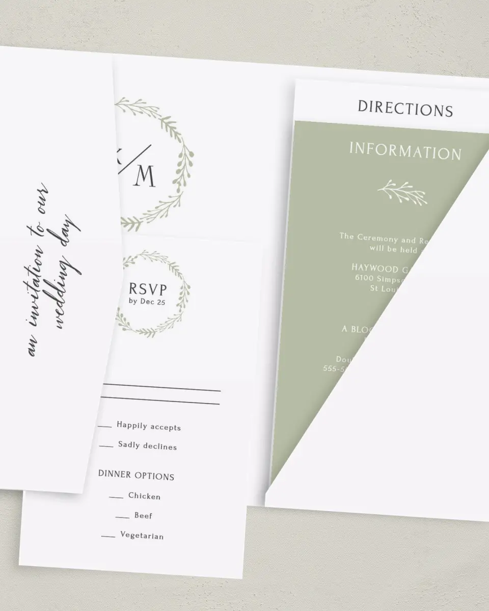 This is a 5" x 7⅞" Pocket Wedding Invitation called Enchanting Crown printed in full color with Gold foil on Luxe Satin (coated) paper