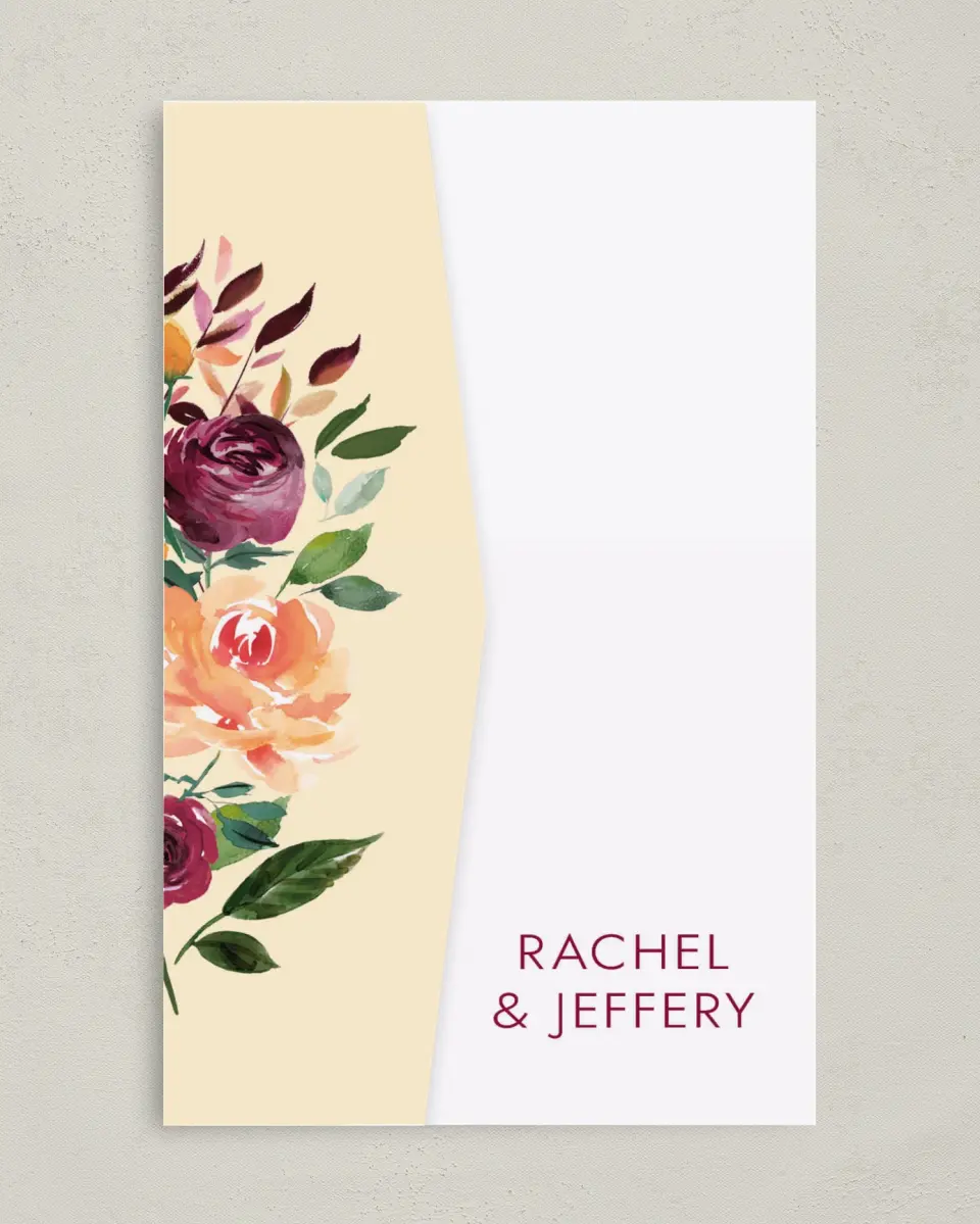 This is a 5" x 7⅞" Pocket Wedding Invitation called Country Florals printed in full color on Premium Smooth paper