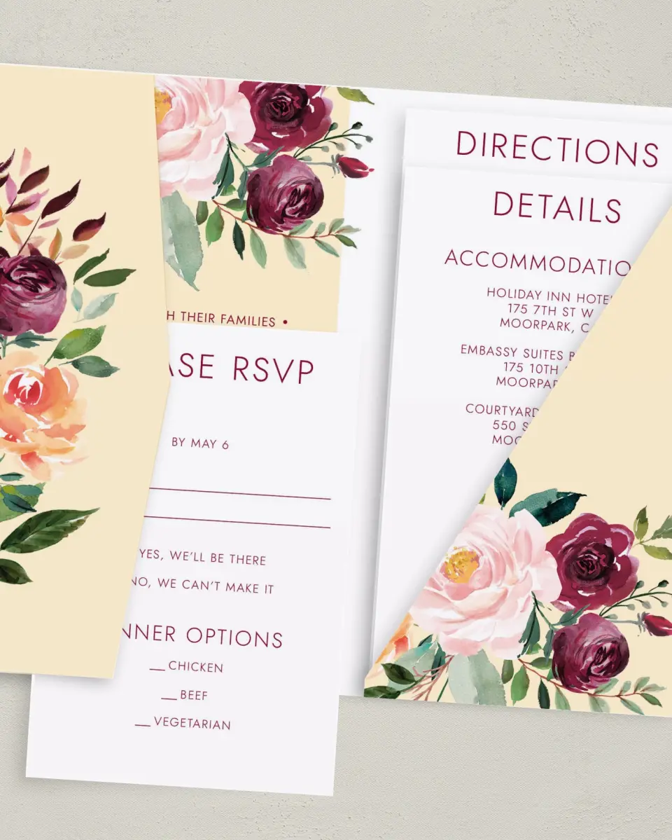 This is a 5" x 7⅞" Pocket Wedding Invitation called Country Florals printed in full color with Gold foil on Luxe Satin (coated) paper