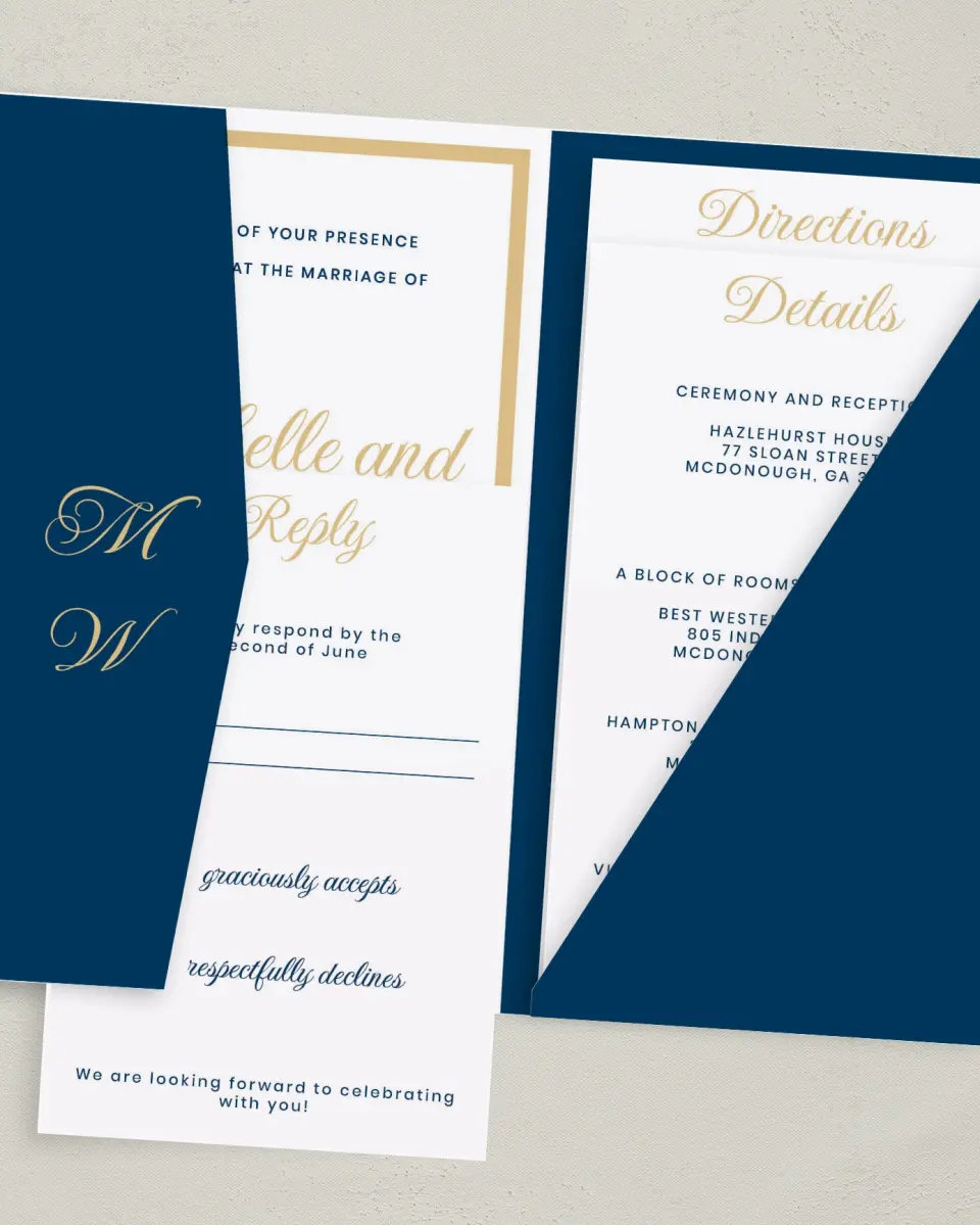 This is a 5" x 7⅞" Pocket Wedding Invitation called Gilded Opulence printed in full color on Premium Smooth paper