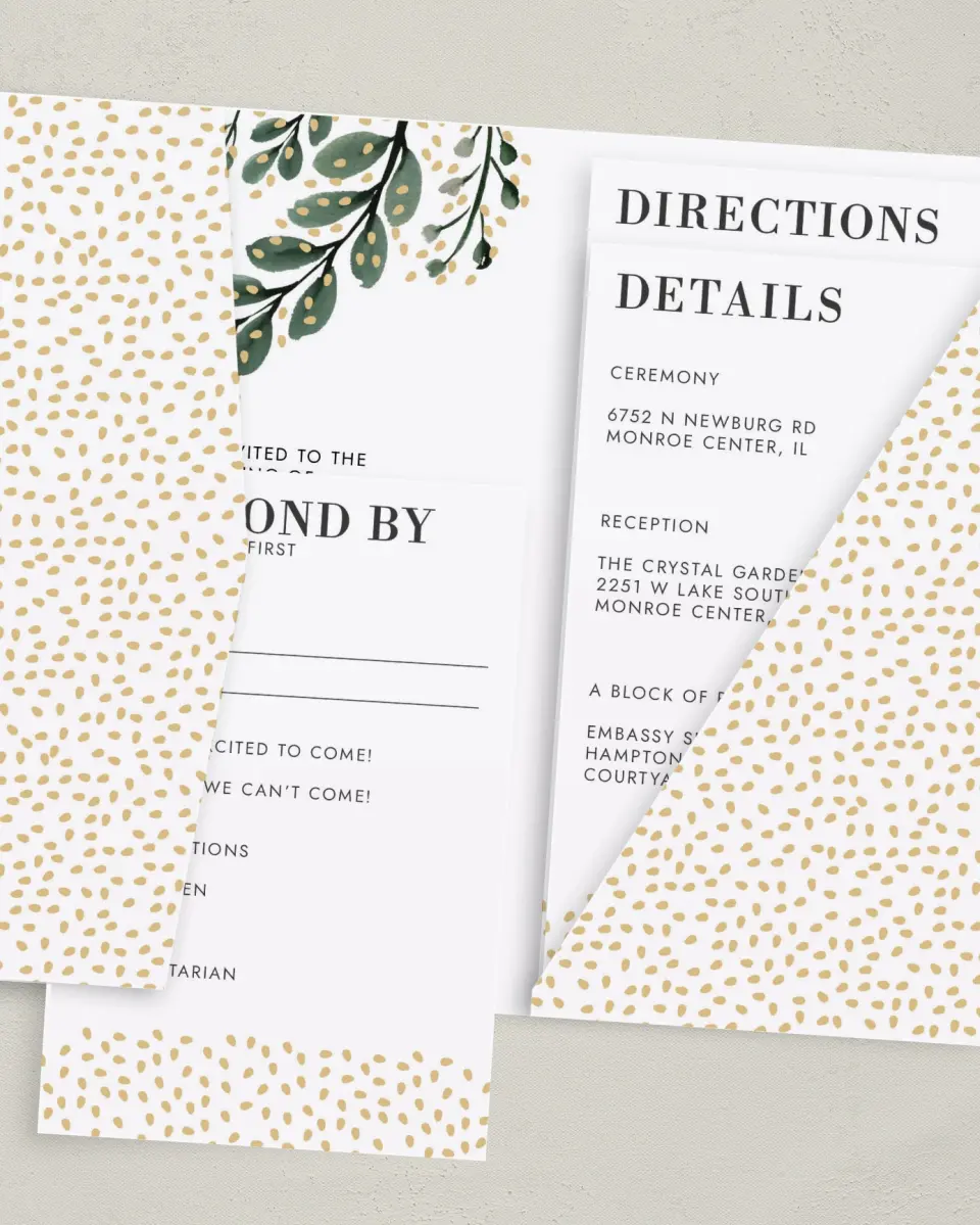 This is a 5" x 7⅞" Pocket Wedding Invitation called Gilded Laurels printed in full color with Gold foil on Luxe Satin (coated) paper