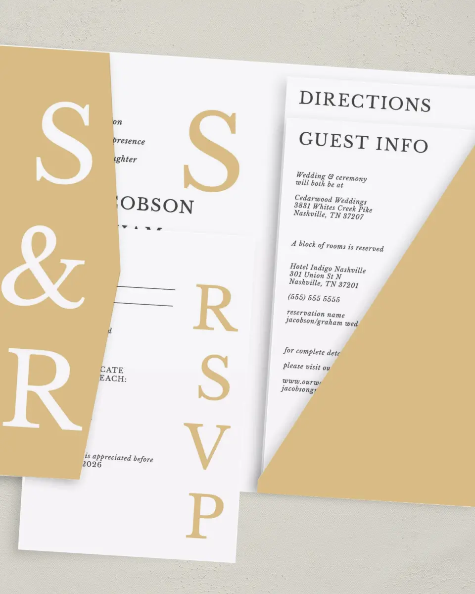 This is a 5" x 7⅞" Pocket Wedding Invitation called Sweet Sophisticate printed in full color with Gold foil on Luxe Satin (coated) paper