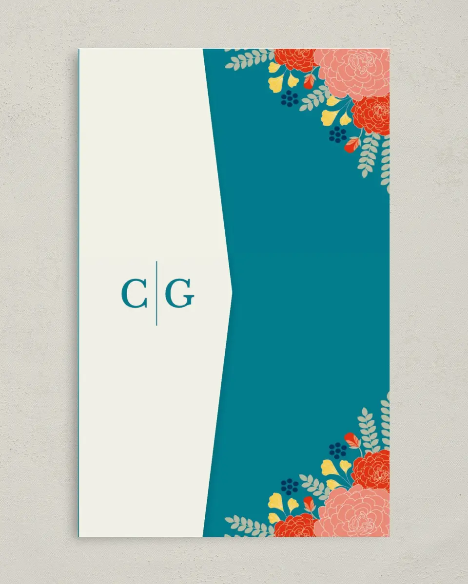 This is a 5" x 7⅞" Pocket Wedding Invitation called Botanical Cheer printed in full color on Premium Smooth paper