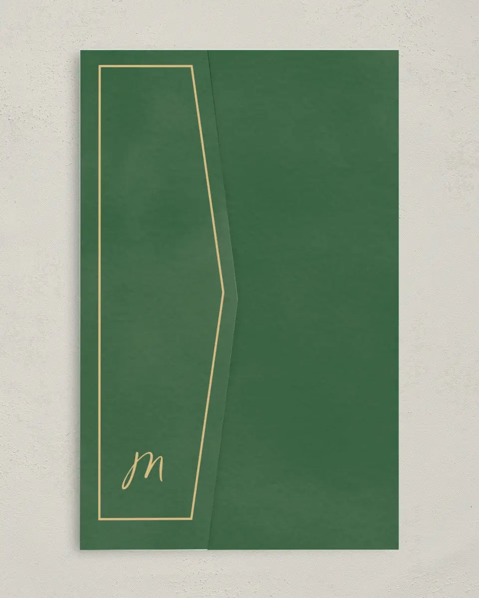 This is a 5" x 7⅞" Pocket Wedding Invitation called Gilded Jewel printed in full color on Premium Smooth paper