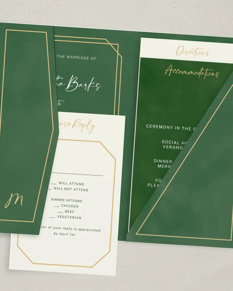 This is a 5" x 7⅞" Pocket Wedding Invitation called Gilded Jewel printed in full color with Gold foil on Luxe Satin (coated) paper