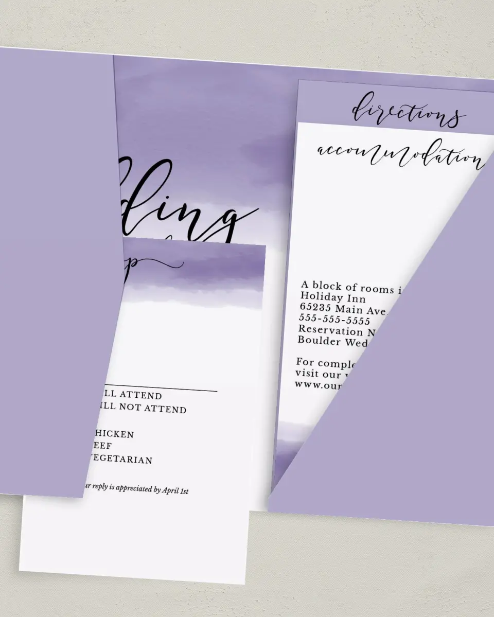 This is a 5" x 7⅞" Pocket Wedding Invitation called Luminous Ombre printed in full color with Gold foil on Luxe Satin (coated) paper