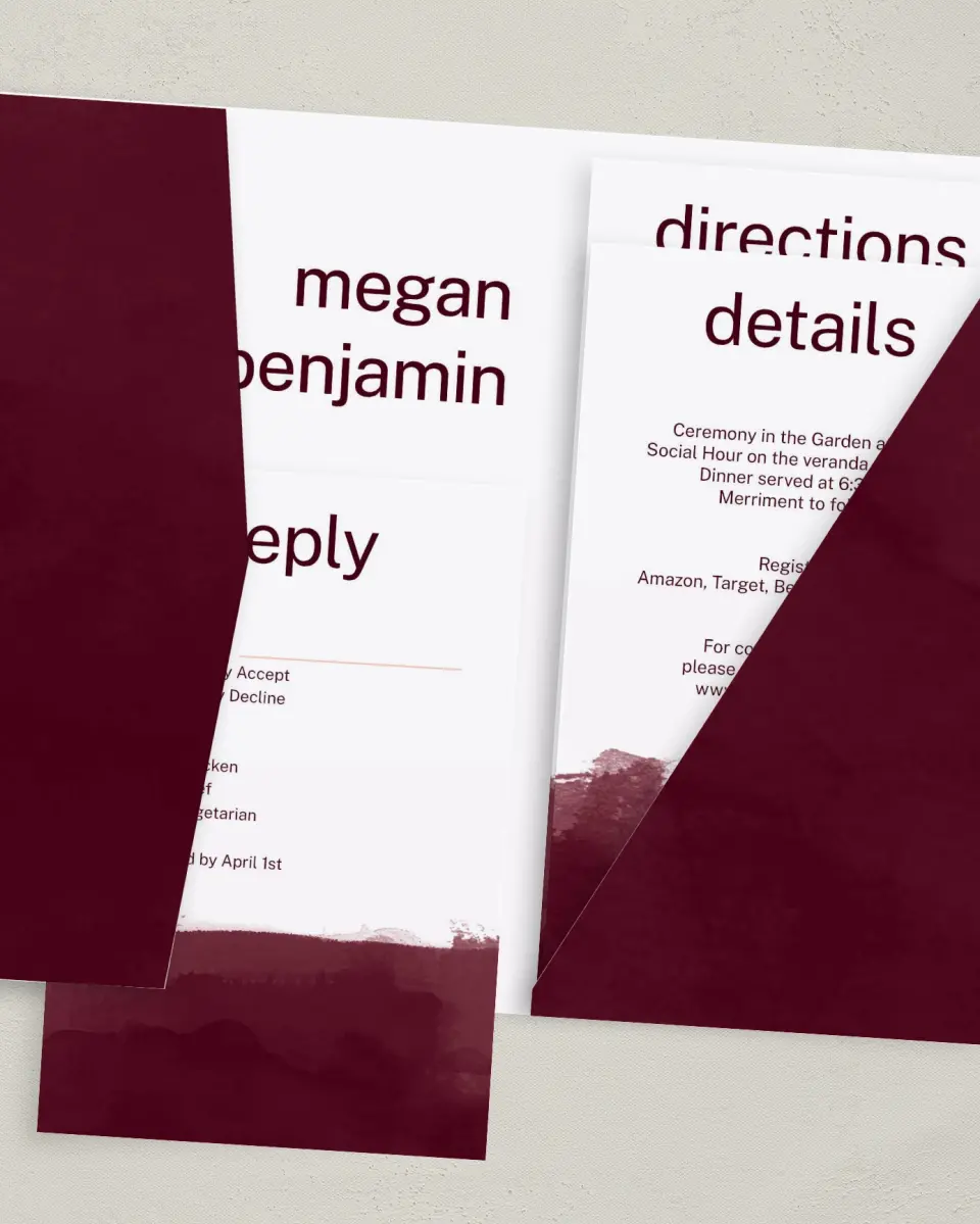 This is a 5" x 7⅞" Pocket Wedding Invitation called Modern Wash printed in full color with Gold foil on Luxe Satin (coated) paper