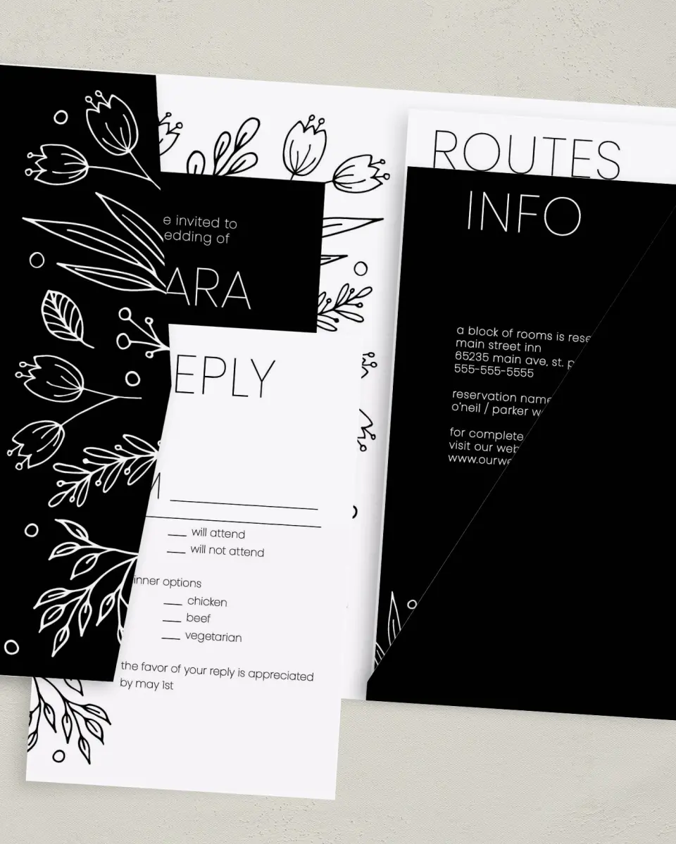 This is a 5" x 7⅞" Pocket Wedding Invitation called Budding Bouquet printed in full color with Gold foil on Luxe Satin (coated) paper