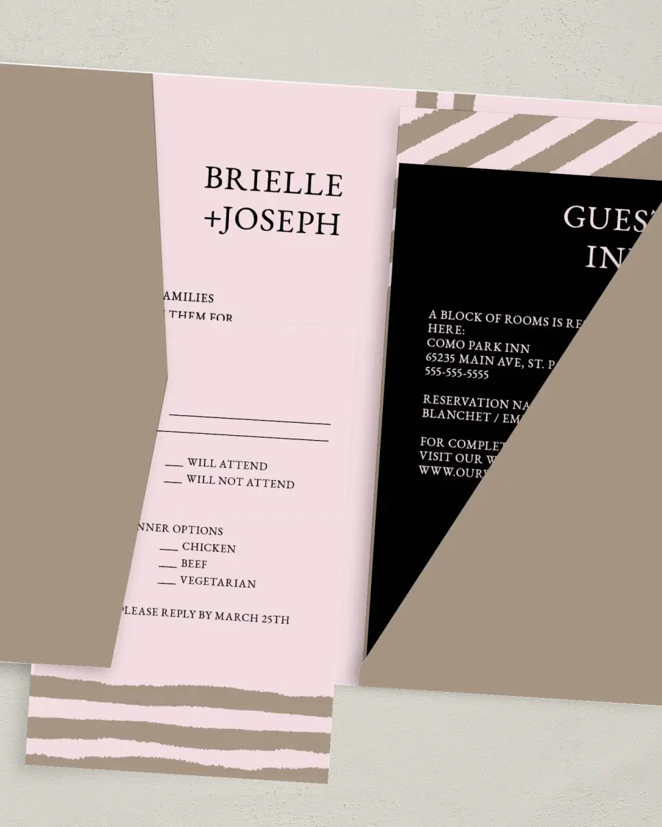 This is a 5" x 7⅞" Pocket Wedding Invitation called Sweetened Stripes printed in full color with Gold foil on Luxe Satin (coated) paper
