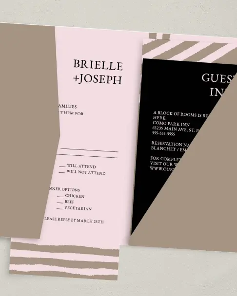 This is a 5" x 7⅞" Pocket Wedding Invitation called Sweetened Stripes printed in full color on Premium Smooth paper