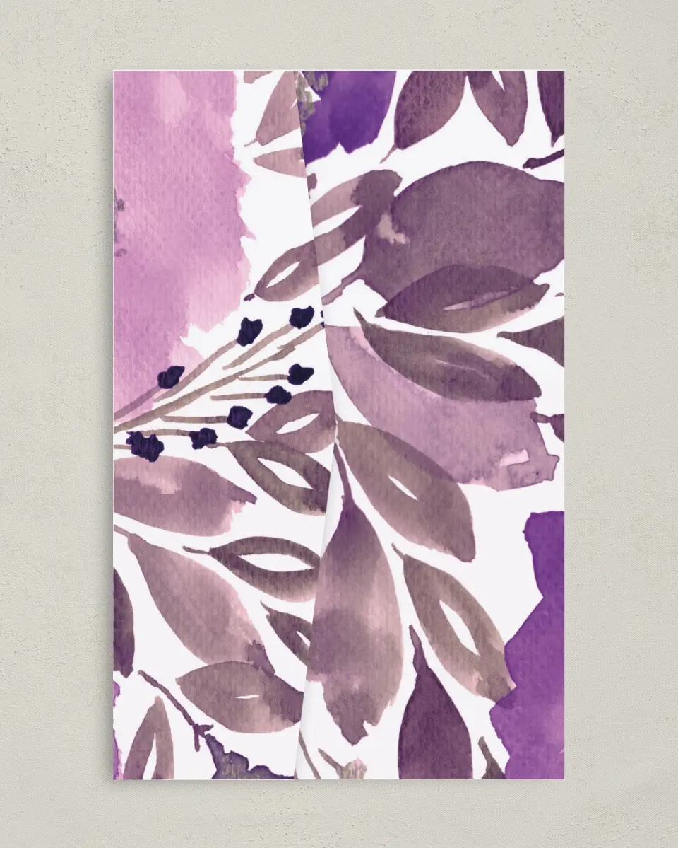 This is a 5" x 7⅞" Pocket Wedding Invitation called Violet Watercolor printed in full color on Premium Smooth paper