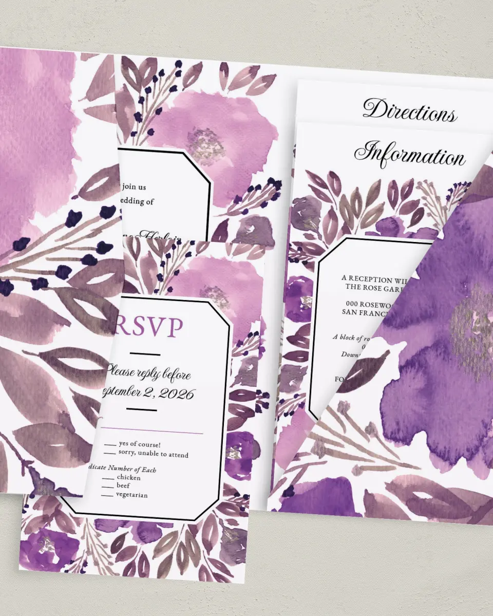 This is a 5" x 7⅞" Pocket Wedding Invitation called Violet Watercolor printed in full color on Premium Smooth paper