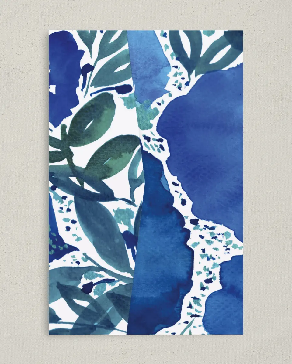 This is a 5" x 7⅞" Pocket Wedding Invitation called Blue Blooms printed in full color on Premium Smooth paper