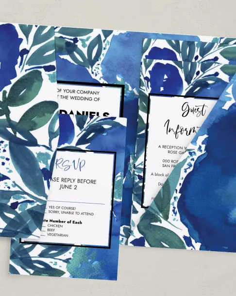 This is a 5" x 7⅞" Pocket Wedding Invitation called Blue Blooms printed in full color on Premium Smooth paper