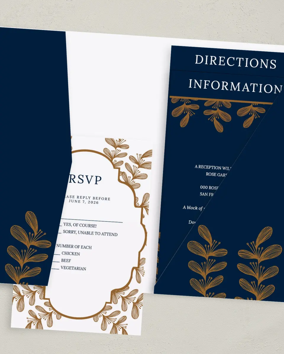 This is a 5" x 7⅞" Pocket Wedding Invitation called Midnight Shimmer printed in full color on Premium Smooth paper