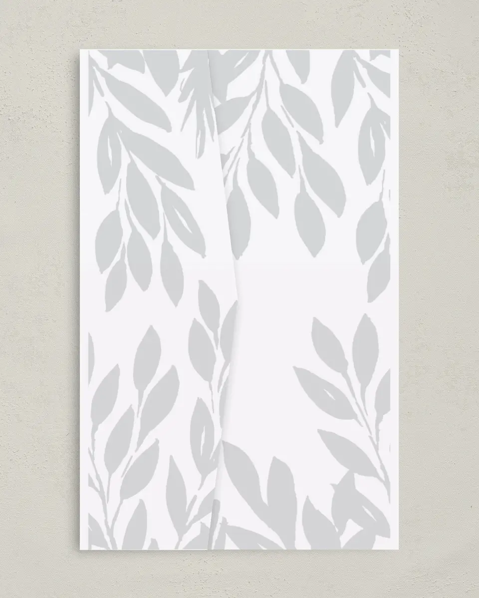 This is a 5" x 7⅞" Pocket Wedding Invitation called Leafy Wonder printed in full color on Premium Smooth paper