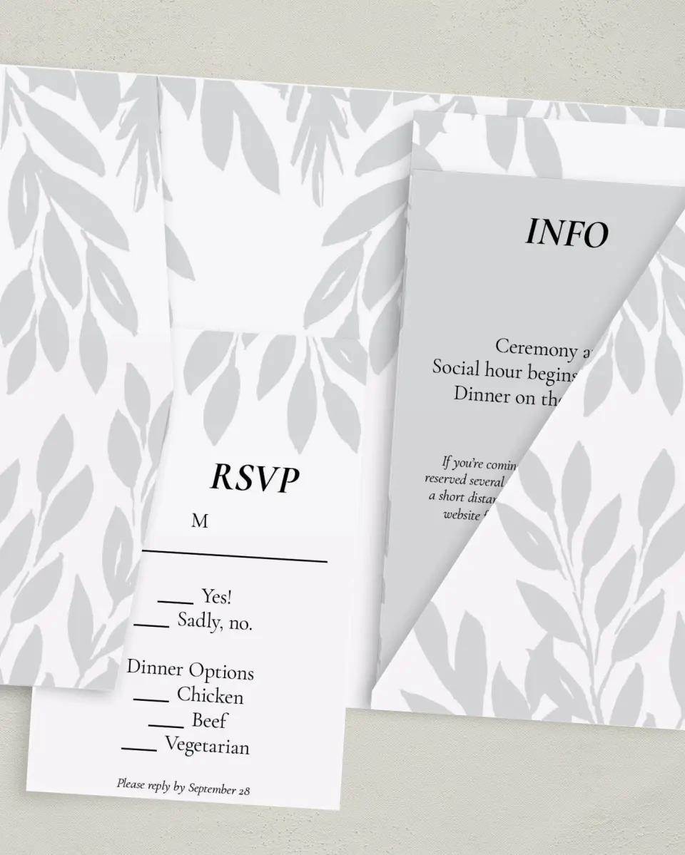 This is a 5" x 7⅞" Pocket Wedding Invitation called Leafy Wonder printed in full color with Gold foil on Luxe Satin (coated) paper