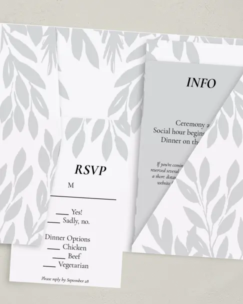 This is a 5" x 7⅞" Pocket Wedding Invitation called Leafy Wonder printed in full color on Premium Smooth paper