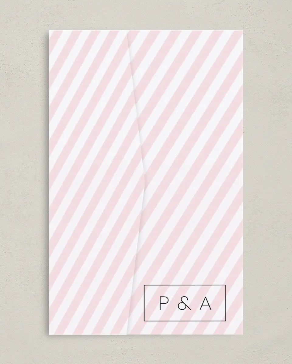 This is a 5" x 7⅞" Pocket Wedding Invitation called Delightful Stripes printed in full color on Premium Smooth paper