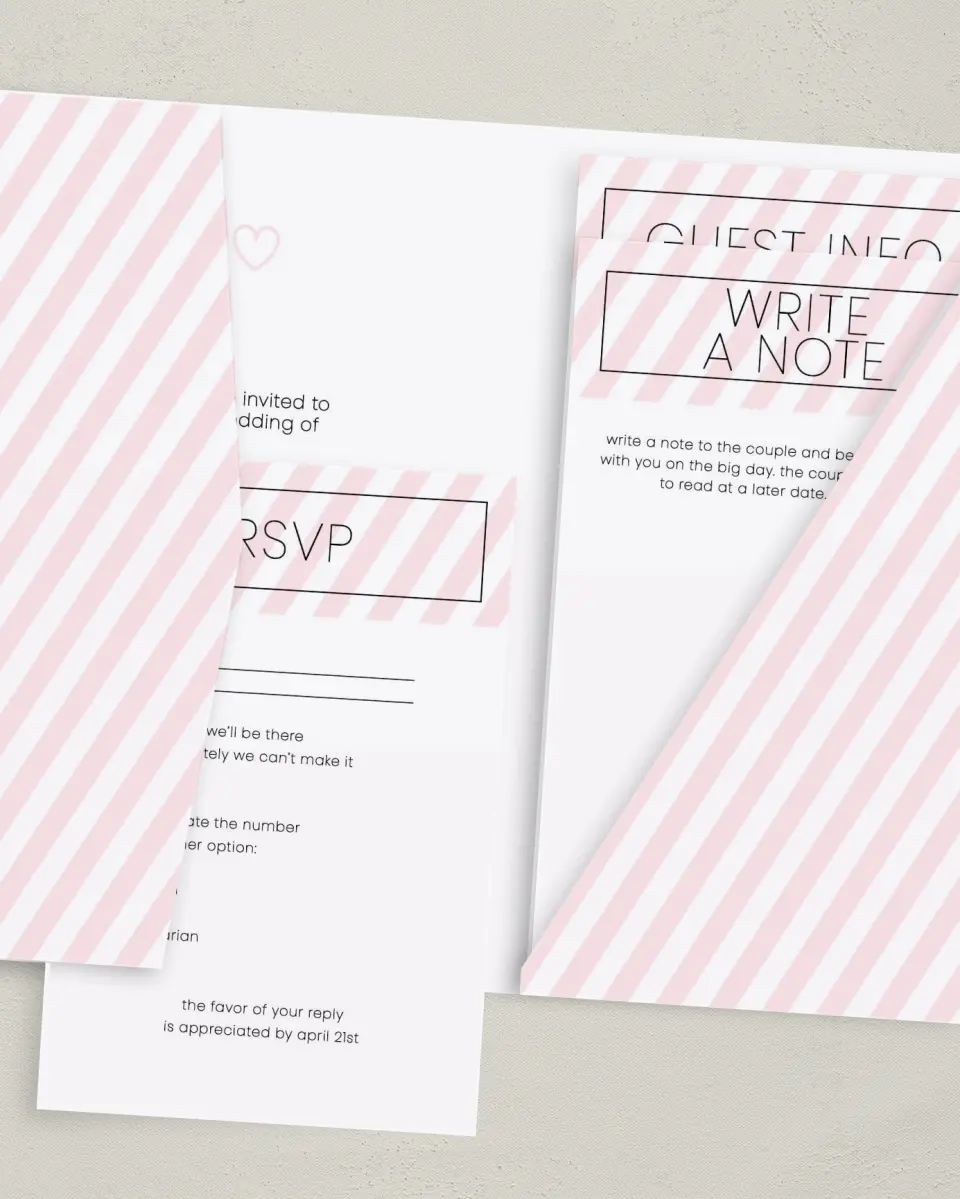 This is a 5" x 7⅞" Pocket Wedding Invitation called Delightful Stripes printed in full color with Gold foil on Luxe Satin (coated) paper