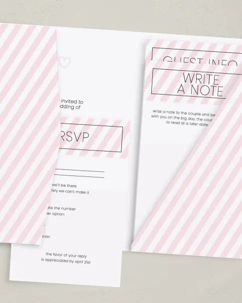 This is a 5" x 7⅞" Pocket Wedding Invitation called Delightful Stripes printed in full color on Premium Smooth paper
