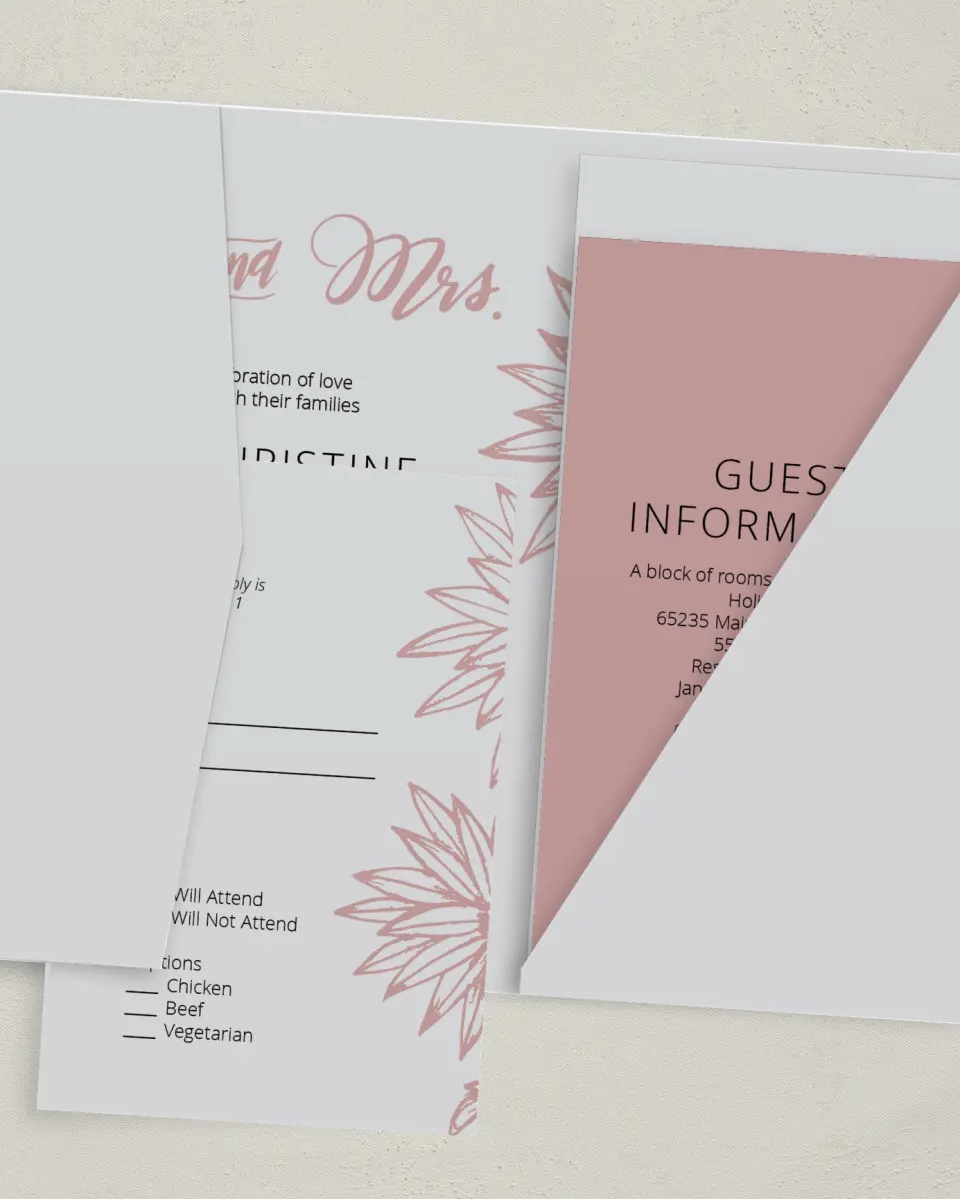 This is a 5" x 7⅞" Pocket Wedding Invitation called Botanical Burst printed in full color with Gold foil on Luxe Satin (coated) paper