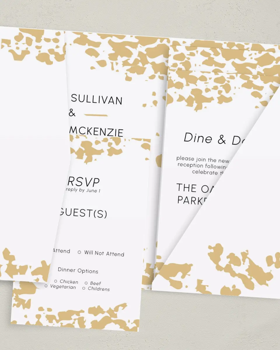 This is a 5" x 7⅞" Pocket Wedding Invitation called Inkblot Shine printed in full color with Gold foil on Luxe Satin (coated) paper