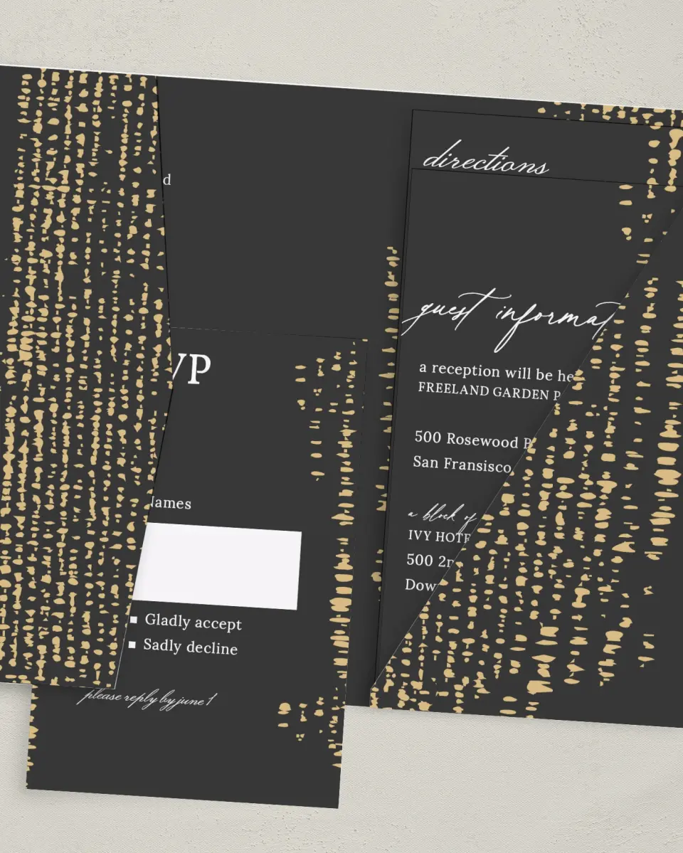 This is a 5" x 7⅞" Pocket Wedding Invitation called Cascading Flecks printed in full color with Gold foil on Luxe Satin (coated) paper