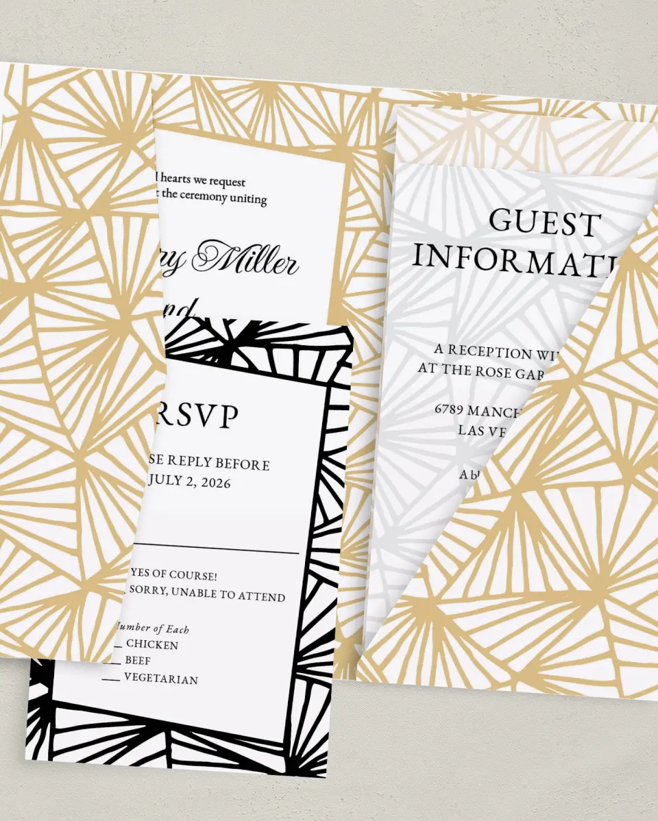 This is a 5" x 7⅞" Pocket Wedding Invitation called Devoted Deco printed in full color on Premium Smooth paper