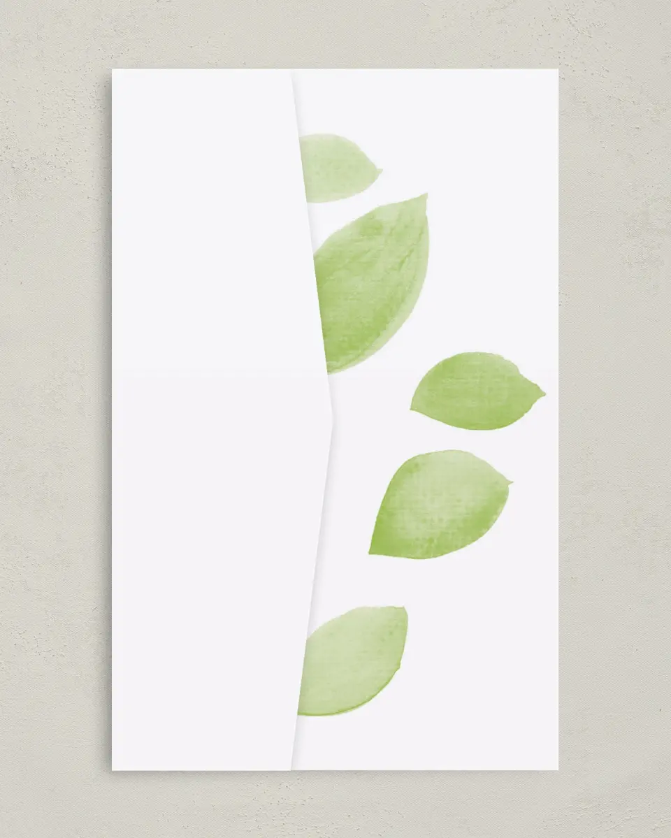This is a 5" x 7⅞" Pocket Wedding Invitation called Painted Leaves printed in full color on Premium Smooth paper