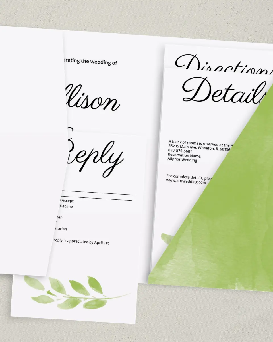 This is a 5" x 7⅞" Pocket Wedding Invitation called Painted Leaves printed in full color on Premium Smooth paper