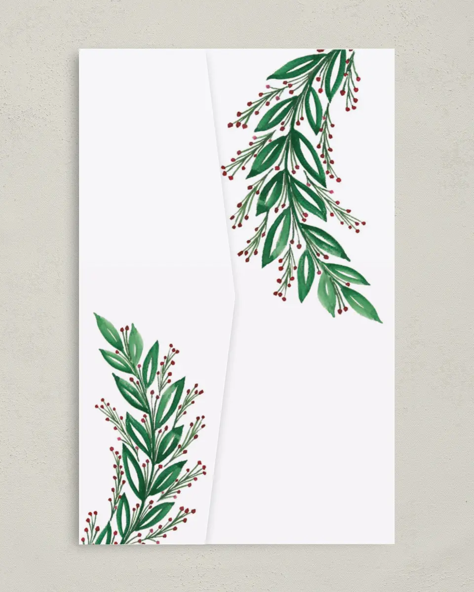 This is a 5" x 7⅞" Pocket Wedding Invitation called Splendid Garland printed in full color on Premium Smooth paper