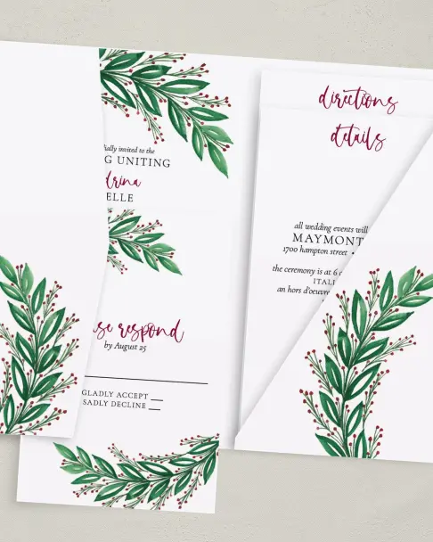This is a 5" x 7⅞" Pocket Wedding Invitation called Splendid Garland printed in full color on Premium Smooth paper