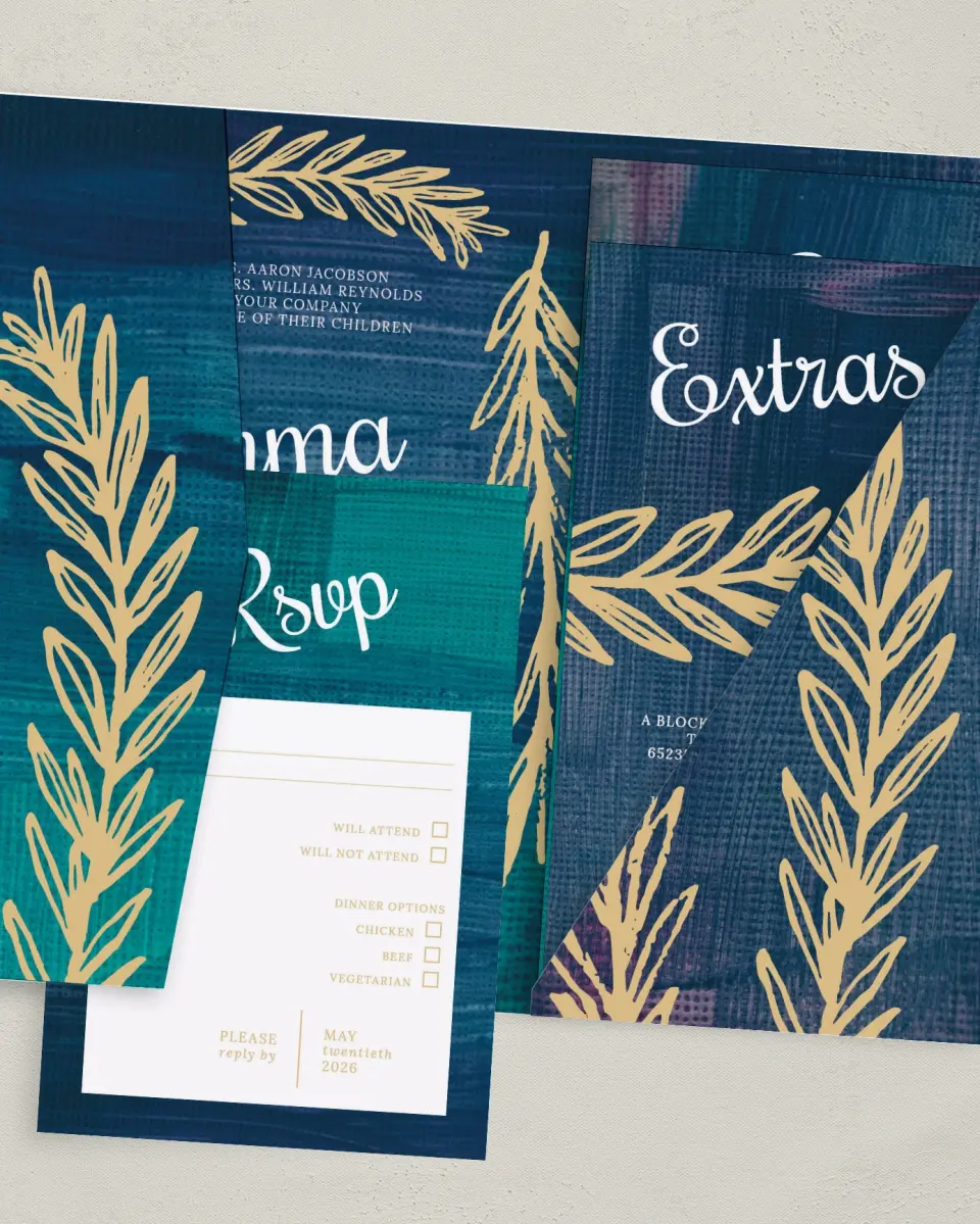 This is a 5" x 7⅞" Pocket Wedding Invitation called Shining Vines printed in full color with Gold foil on Luxe Satin (coated) paper
