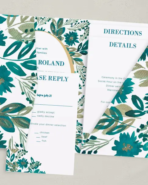 This is a 5" x 7⅞" Pocket Wedding Invitation called Boho Floral printed in full color on Premium Smooth paper