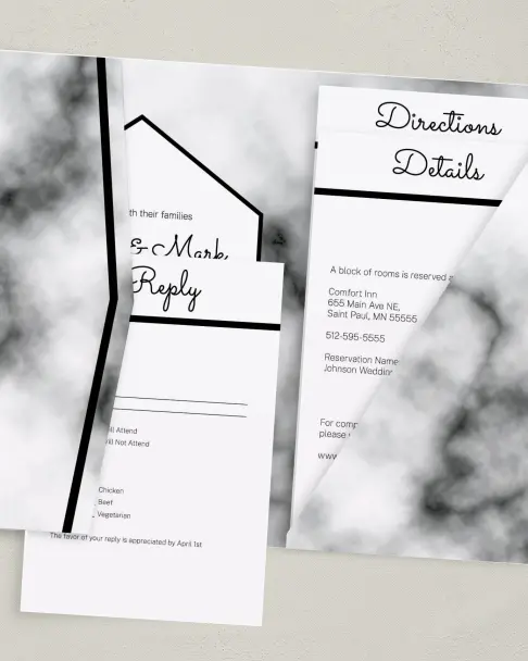 This is a 5" x 7⅞" Pocket Wedding Invitation called Modern Marble printed in full color on Premium Smooth paper