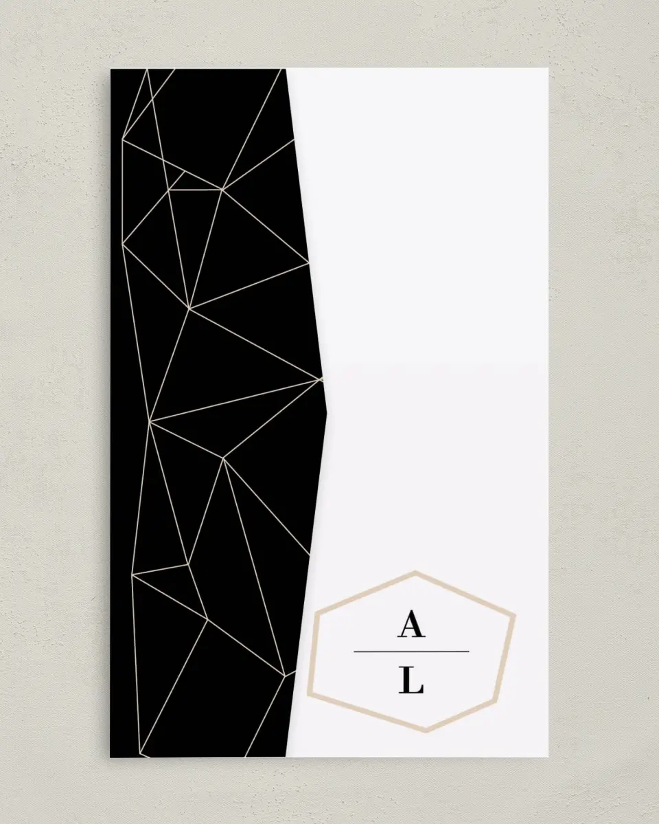 This is a 5" x 7⅞" Pocket Wedding Invitation called Shining Facets printed in full color on Premium Smooth paper